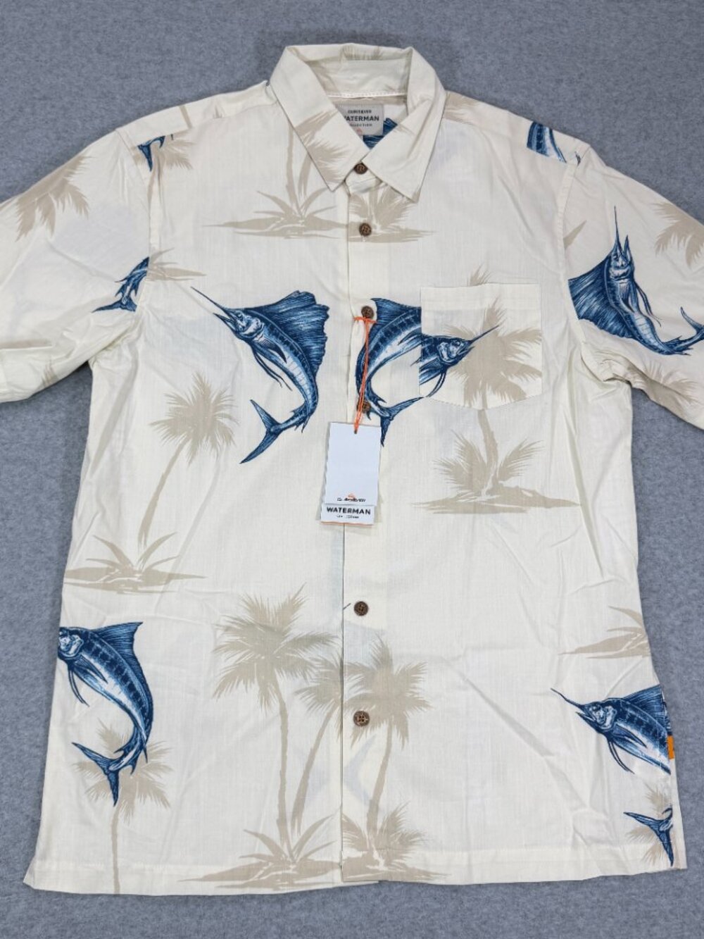 Quiksilver Waterman Mens Medium Tan Marlin Palm Short Sleeve Button Up Shirt NWT